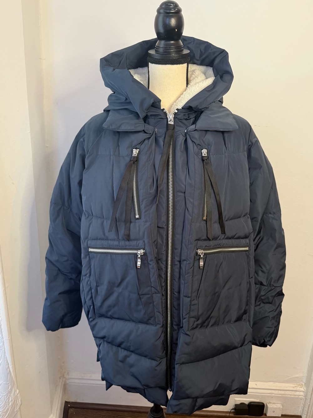 Orolay Navy Down Jacket Fleece Hood Zipper Pocket Women Small